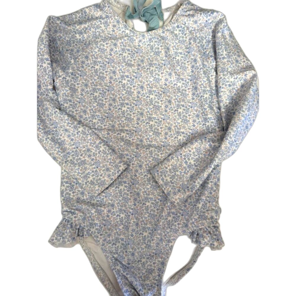Minnow One Piece Girl's Swimsuit Sz 5T 6T blue floral modest ruffle keyhole back